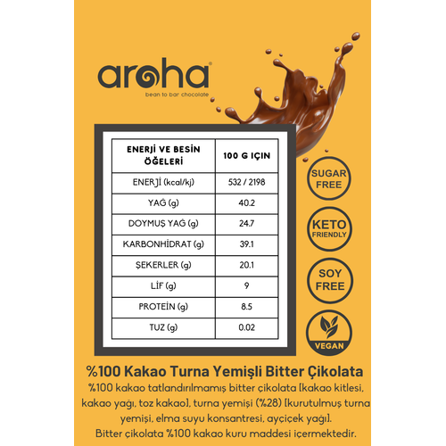 %100 Kakao Turna Yemili eker lavesiz Bitter ikolata - 110 g