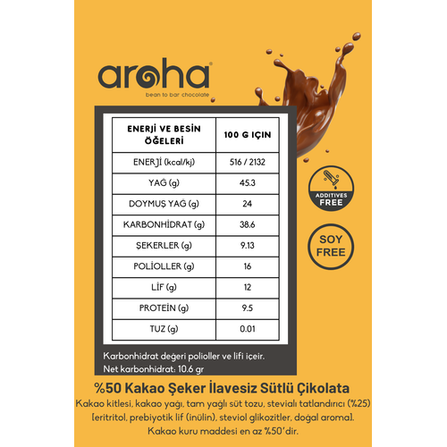 %50 Kakao eker Ilavesiz Stl ikolata - Stevia ile Tatlandrlmtr- 80 g