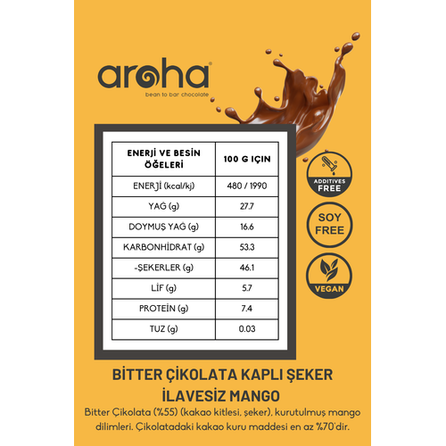 %72 Kakao Bitter ikolata Kapl eker lavesiz  Mango Dilimleri-250 Gr.