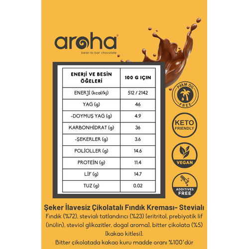 l Avantaj Paket.  ikolatal Fndk Kremas %72 Fndk (Stevia ile Tatlandrlmtr) eker lavesiz - 180 g X 3 Adet
