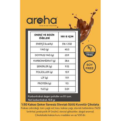 %50 Kakao Stevial Stl Kuvertr ikolata eker lavesiz - 500 g