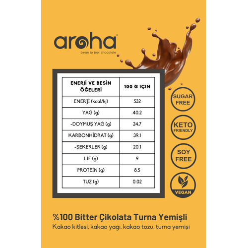 Aroha Şeker İlavesiz Turna Yemişli Bitter Çikolata - %100 Bitter, 6 Adet