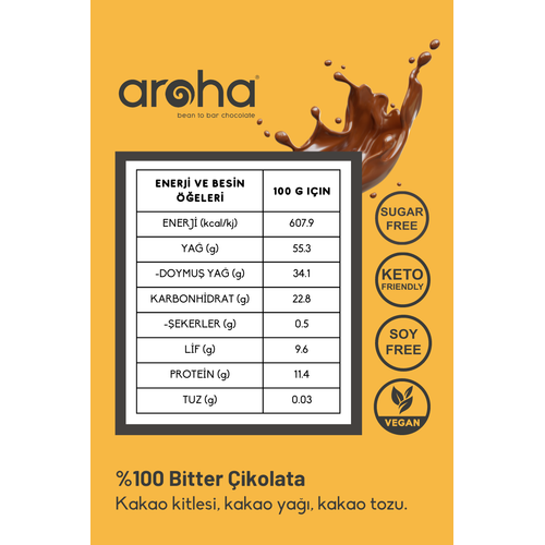 Aroha Şekersiz, Glutensiz, Vegan Çikolata - %100 Bitter - 6 Adet