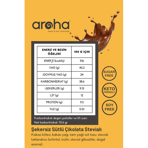 Aroha Şeker İlavesiz Stevialı Sütlü Çikolata - 6 adet