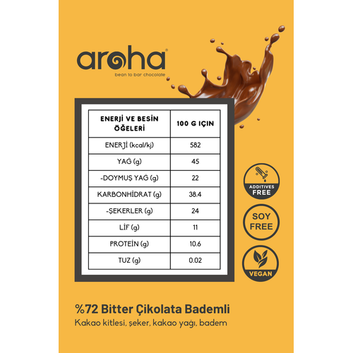 Aroha Bademli Bitter ikolata - %72 Kakao