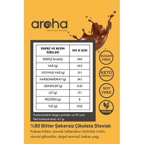Aroha Þekersiz Glutensiz Stevialý %80 Kakao Bitter Çikolata (Ketojenik Çikolata)- 6 adet