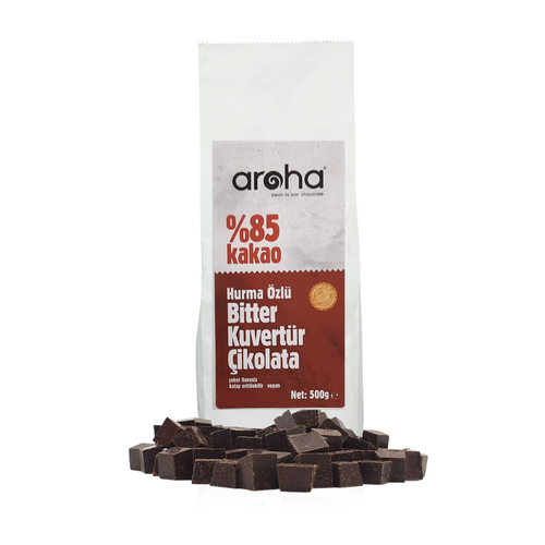 %85 Kakao, Hurmalı İlave Şekersiz Vegan Bitter Çikolata Kuvertürü  500 Gr.