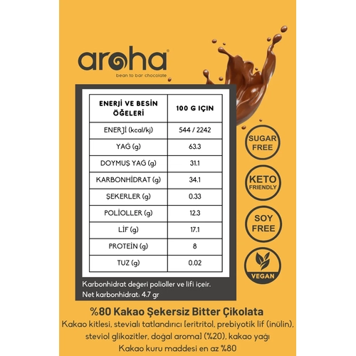 %80 Kakao ekersiz Bitter ikolata - Stevia ile Tatlandrlmtr - 80 g