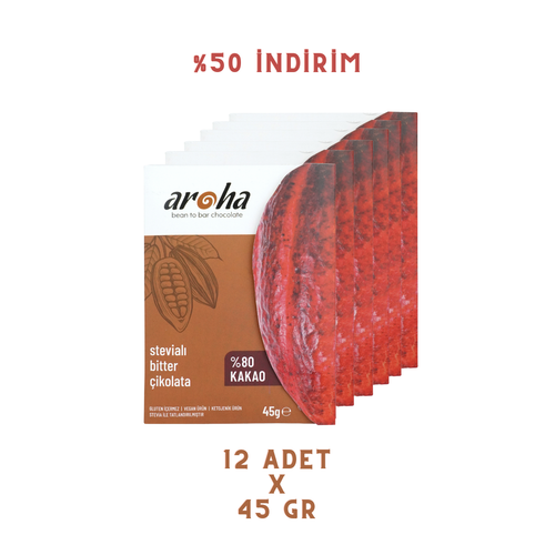 Aroha ekersiz %80 Bitter ikolata 12 adet 45 gr - Stevial | Vegan | Ketojenik
