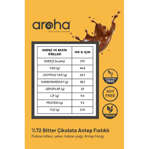 Aroha Antep fıstıklı %72 Bitter Çikolata x 6 adet