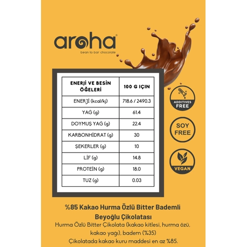 %85 Kakao Hurma zl Bademli Bitter Beyolu ikolatas - 250 g