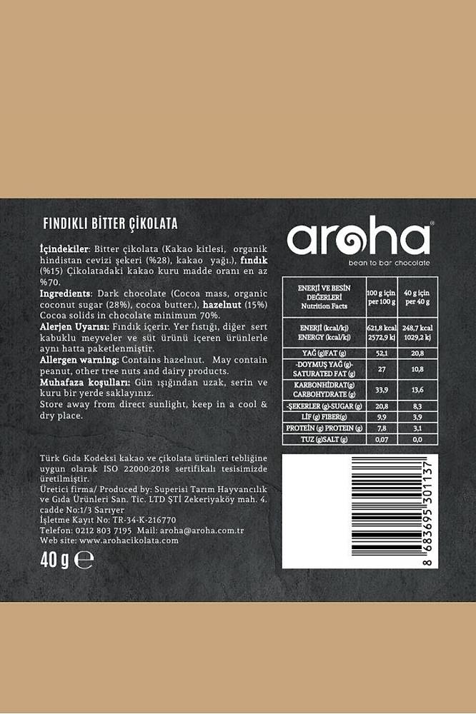 5 adet, Fındıklı Bitter Çikolata- Organik Hindistan Cevizi Şekerli 40 Gr.