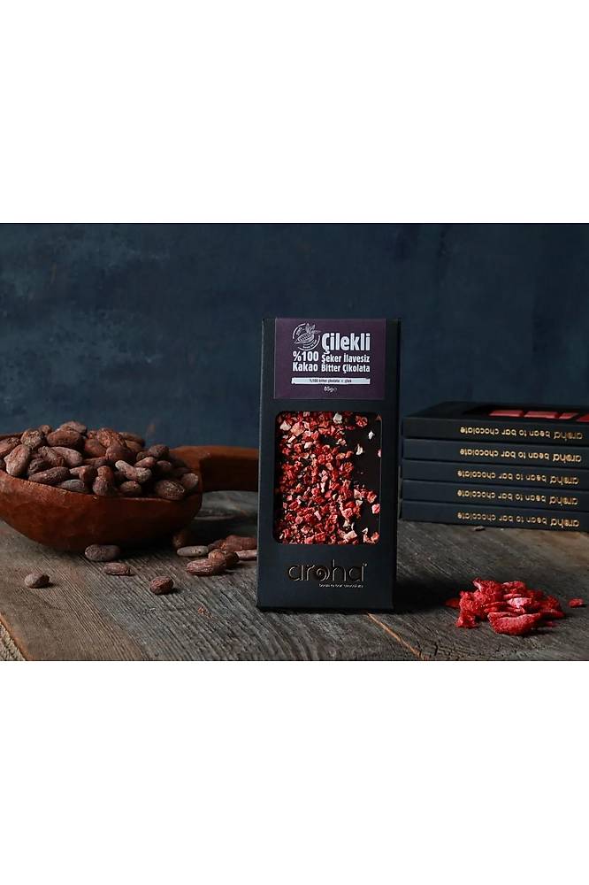 %100 Kakao Çilekli Şeker İlavesiz Bitter Çikolata 85 g