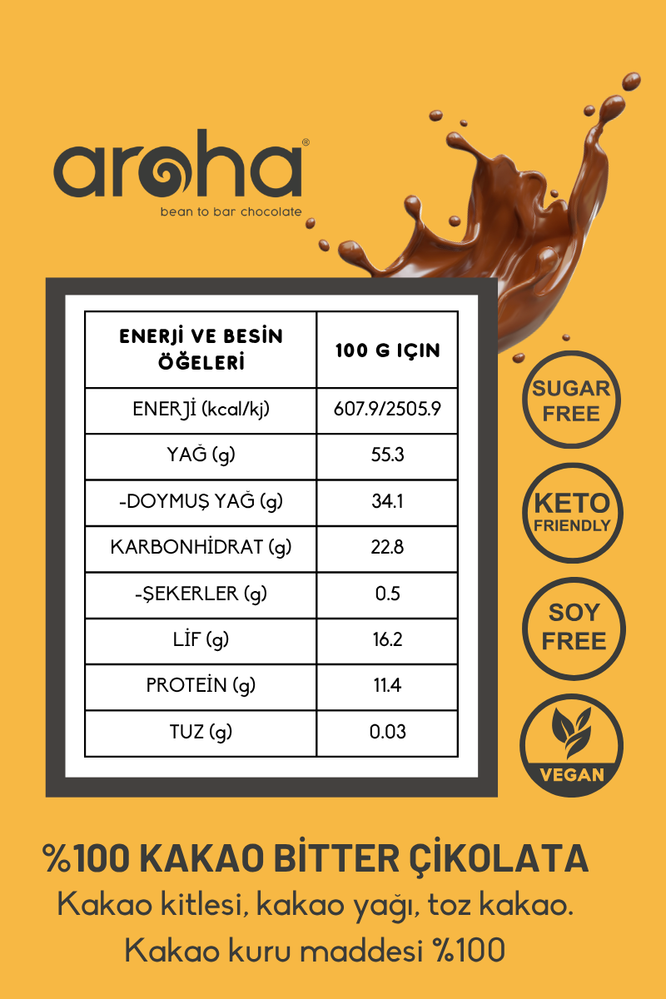 %100 Kakao Şekersiz Bitter Çikolata 80 g