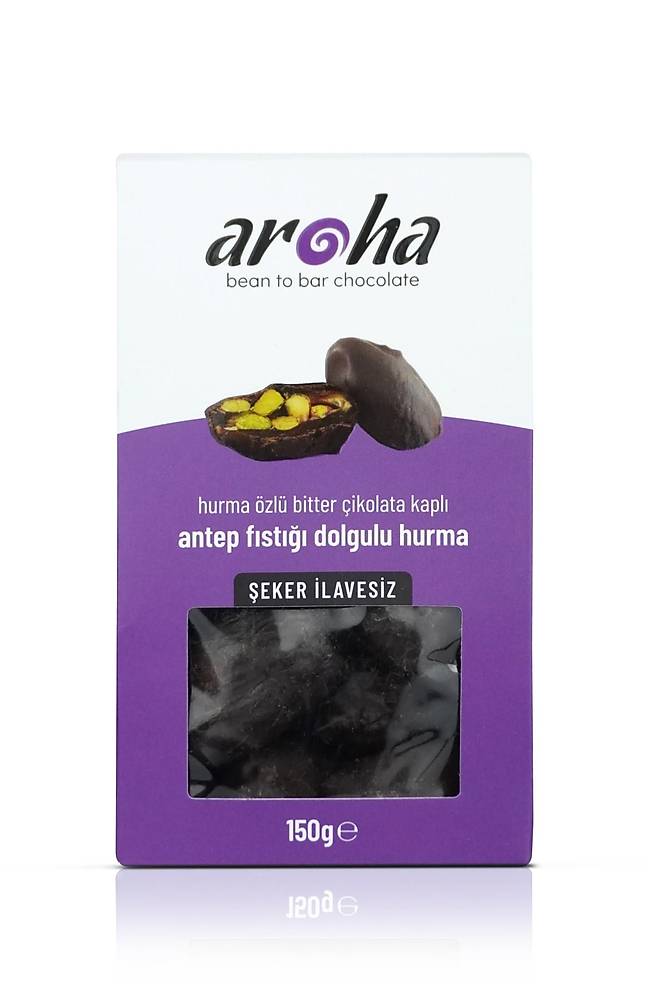 %85 Kakao Bitter Çikolata Kaplı, Antepfıstığı Dolgulu Hurma-Şeker İlavesiz.