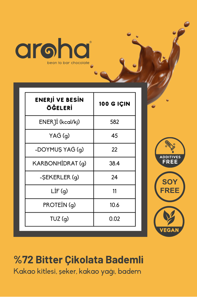 %72 Kakao Bademli Bitter Çikolata. 100 Gr.