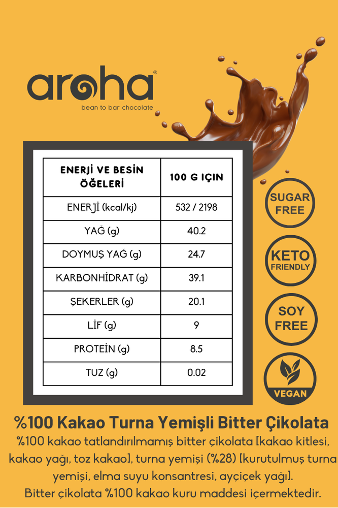 %100 Kakao Turna Yemişli Şeker İlavesiz Bitter Çikolata - 110 g