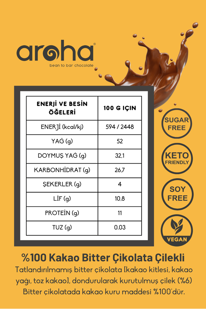 %100 Kakao Çilekli Şeker İlavesiz Bitter Çikolata 85 g