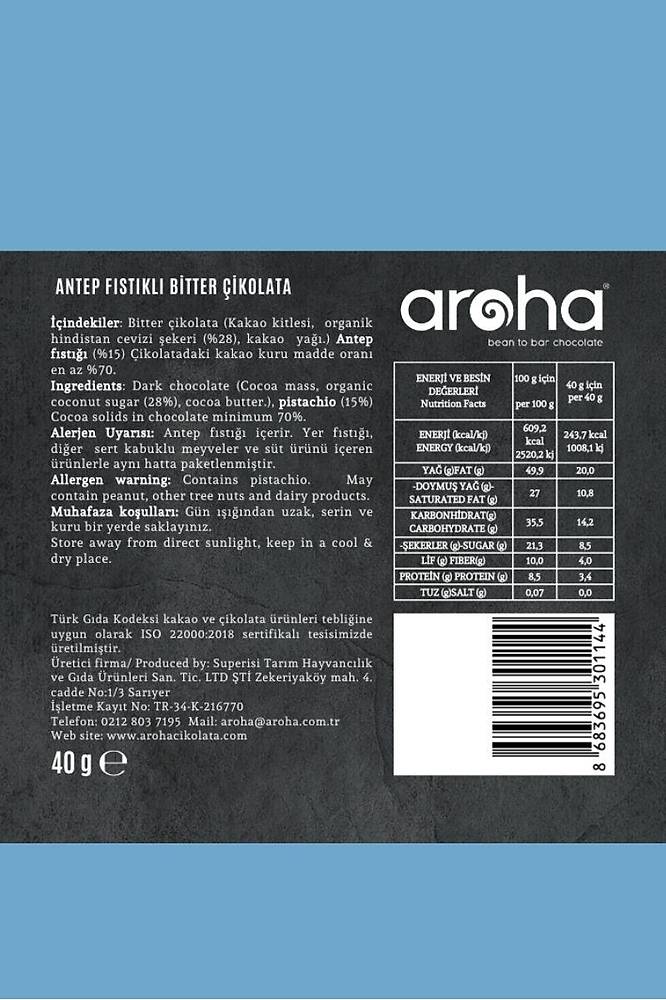 5 adet, Antep Fıstıklı Bitter Çikolata- Organik Hindistan Cevizi Şekerli 40 Gr.
