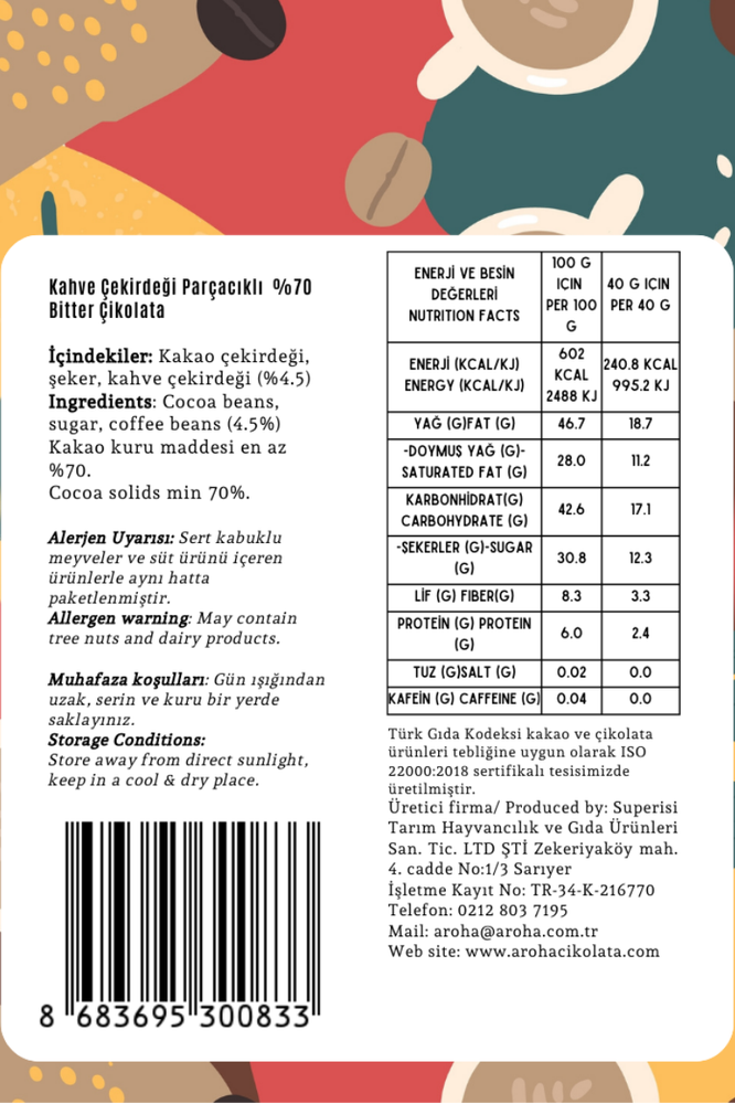 %70 Kakao,  Coffee Crunch Bitter Çikolata. 42 Gr.