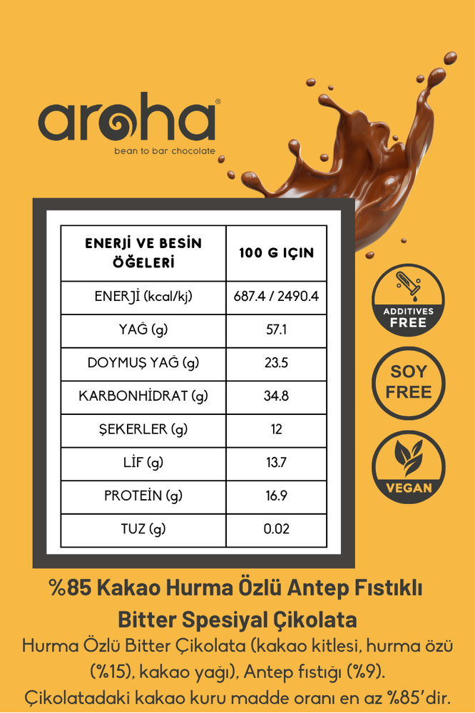 %85 Kakao Hurma Özlü Antep Fıstıklı Bitter Spesiyal Çikolata - 500 g