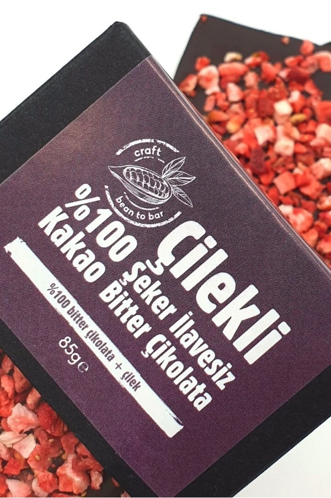 %100 Kakao Çilekli Şeker İlavesiz Bitter Çikolata 85 g