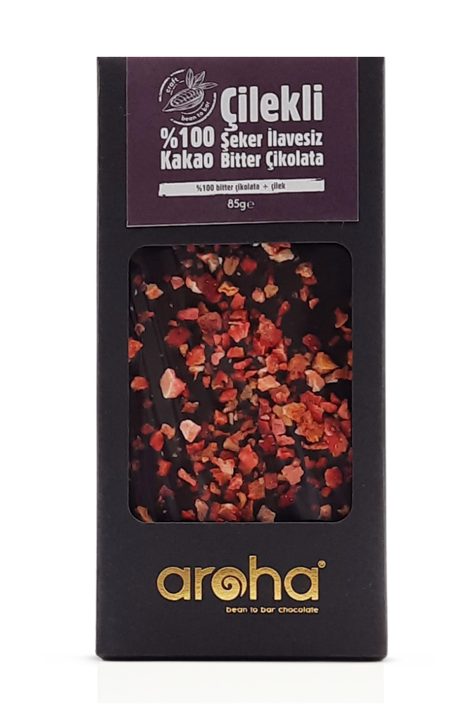 %100 Kakao Çilekli Şeker İlavesiz Bitter Çikolata 85 g