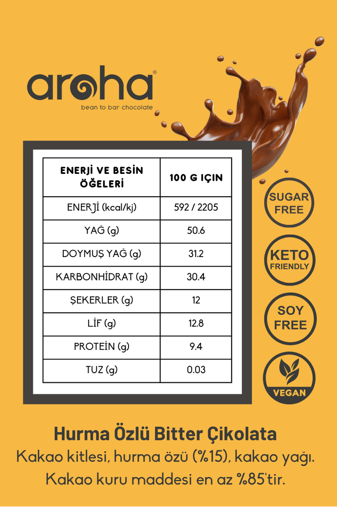 Altılı Avantaj Paket. %85 Kakao Hurma Özlü Bitter Çikolata 80 g x 6 Adet