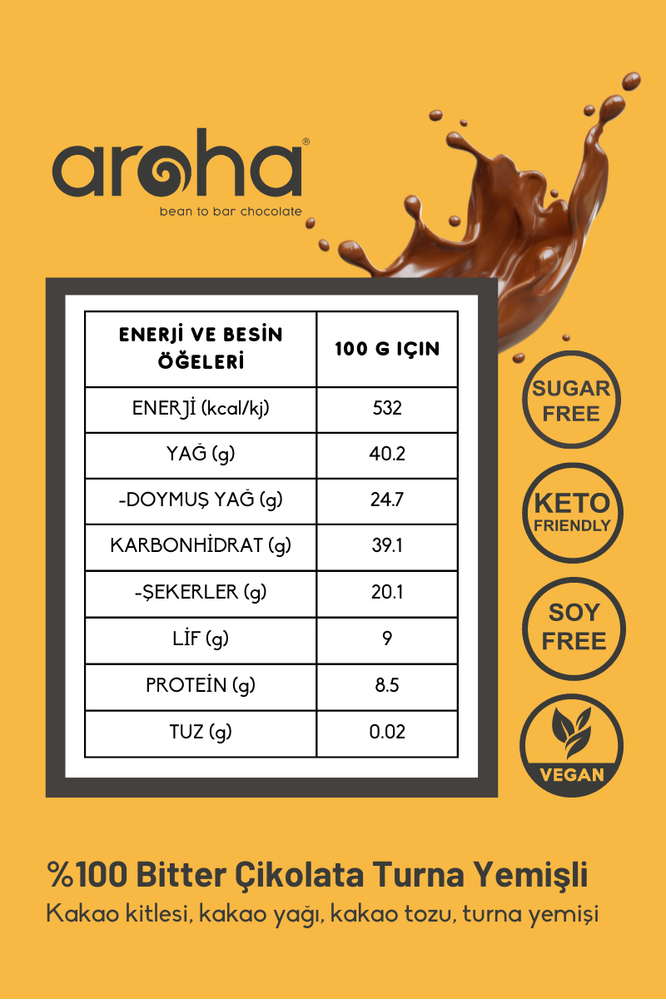 %100 Kakao Turnayemişli Şeker İlavesiz Bitter Çikolata-110 Gr.