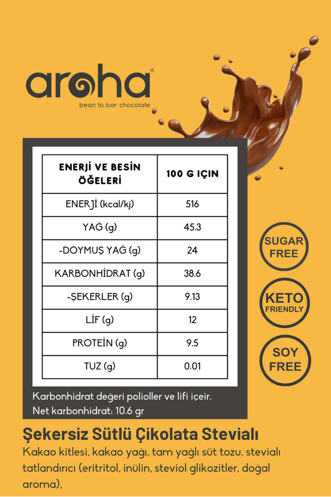 % 50 Kakao, Stevialı Sütlü Çikolata. 80 Gr. X 6 Adet