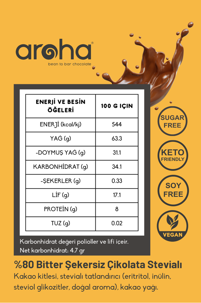 %80 Kakao, Stevialı, Bitter Çikolata. 80 Gr. X 6 Adet.