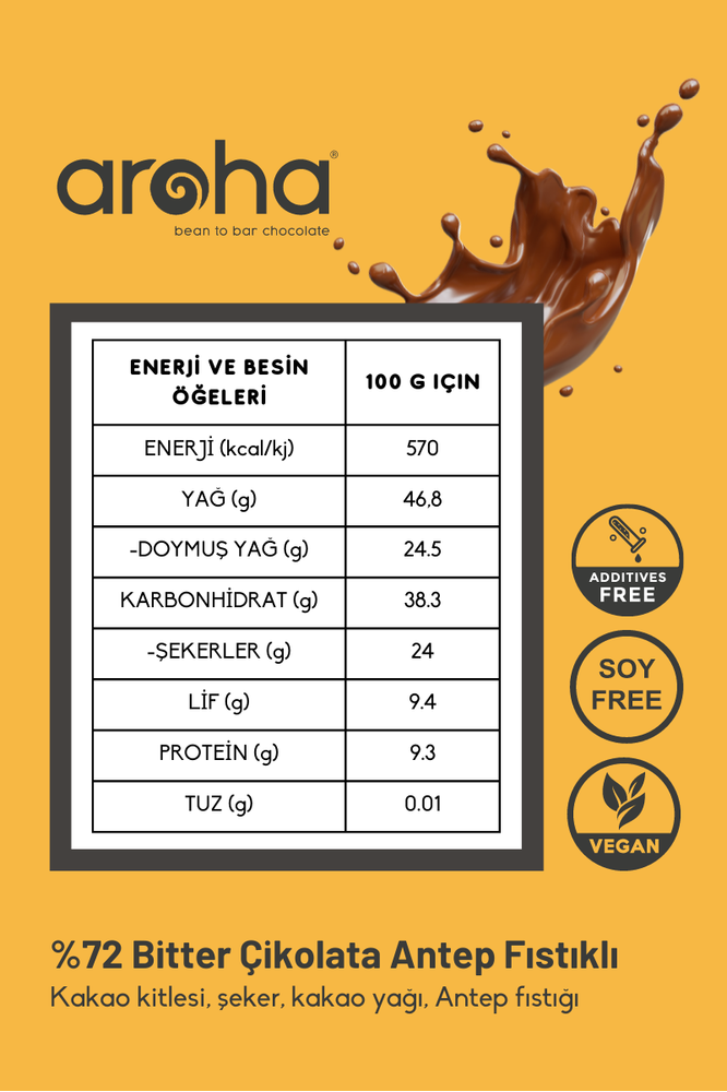 %72 Kakao, Antepfıstıklı Bitter Çikolata. 100 Gr.