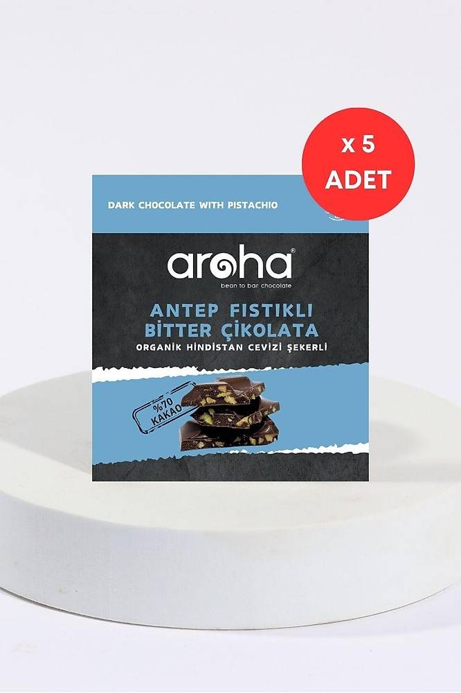 5 adet, Antep Fıstıklı Bitter Çikolata- Organik Hindistan Cevizi Şekerli 40 Gr.