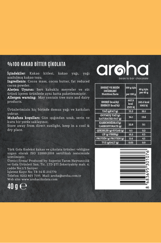 %100 Kakao Şekersiz Bitter Çikolata. 40 Gr.