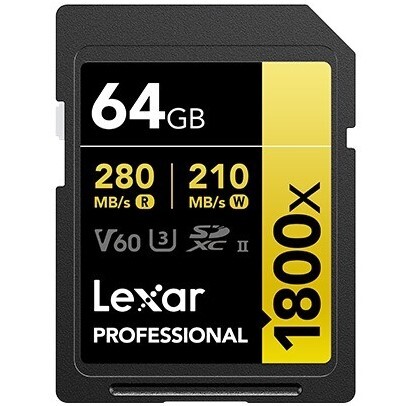 Lexar 64GB LSD1800064G-BNNNG SD Professional 1800X SDXC UHS-II Cards Up To 280MB/S Read 210MB/S Write C10 V60 U3