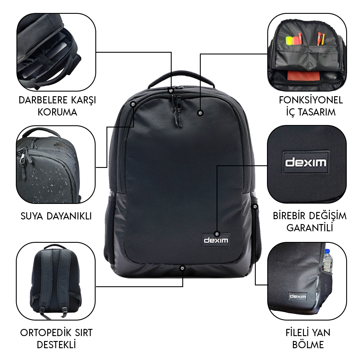 Dexim DXBP12 Notebook 15.6 Venio Siyah (Suya Dayanıklı) Sırt Çantası