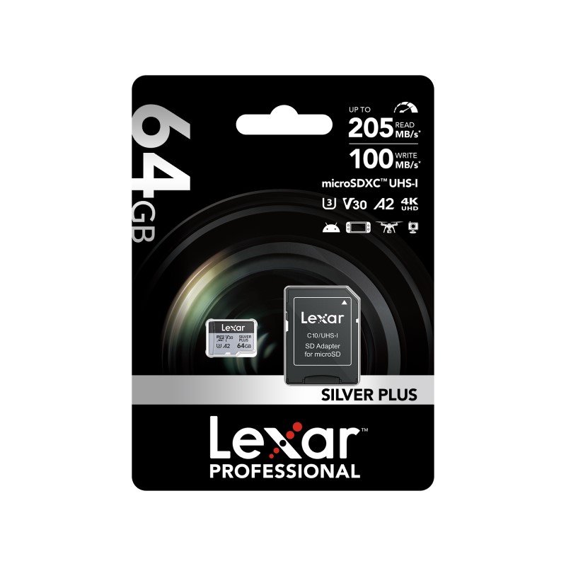 Lexar 64GB LMSSIPL064G-BNANG MICROSD HIGH-PERFORMANCE Sılver Plus MICROSDXC UHS-I UP TO 205MB/S READ 100MB/S WRITE C10 A2 V30 U3