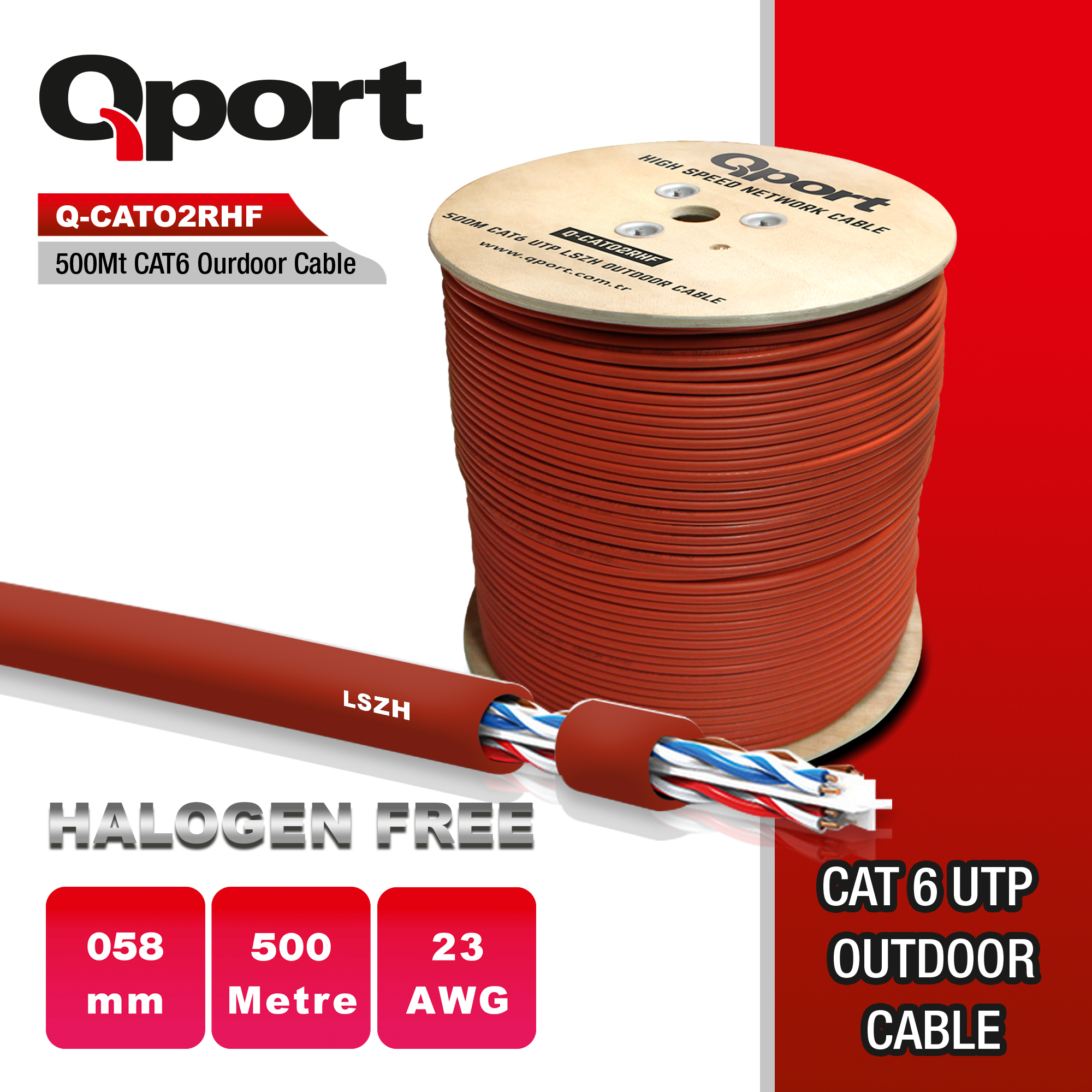 Qport Q-Cato2rhf 500 M Cat6 Outdoor Lszh 23Awg 0.58Mm Kablo