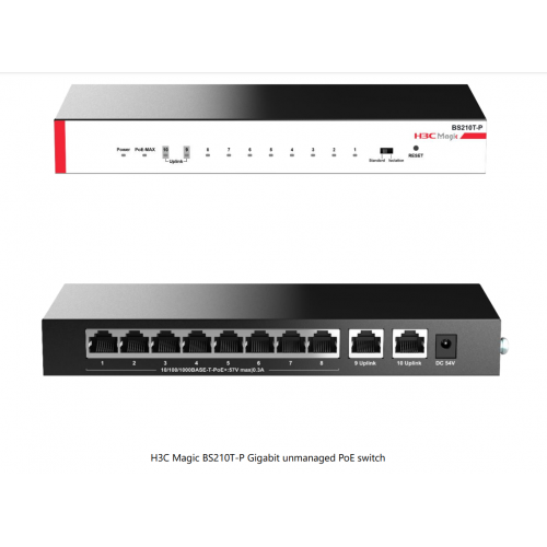 H3C Magic BS210T-P 10 Port GigaBit 8 Port PoE 57W +2 Port GigaBit Uplink Metal Kasa Yönetilemez Masaüstü Switch