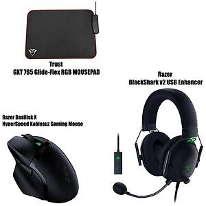 Razer Basilisk X HyperSpeed Kablosuz Gaming Mouse + Razer BlackShark v2 USB Enhancer + Trust GXT 765 Glide-Flex RGB Mousepad