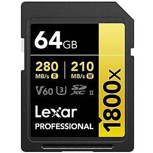Lexar 64GB LSD1800064G-BNNNG SD Professional 1800X SDXC UHS-II Cards Up To 280MB/S Read 210MB/S Write C10 V60 U3