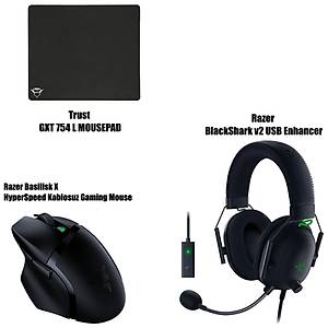 Razer Basilisk X HyperSpeed Kablosuz Gaming Mouse + Razer BlackShark v2 USB Enhancer + Trust GXT 754 L Mousepad