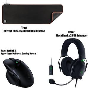 Razer Basilisk X HyperSpeed Kablosuz Gaming Mouse + Razer BlackShark v2 USB Enhancer + Trust GXT 764 Glide-Flex RGB XXL Mousepad