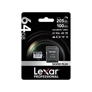 Lexar 64GB LMSSIPL064G-BNANG MICROSD HIGH-PERFORMANCE S�lver Plus MICROSDXC UHS-I UP TO 205MB/S READ 100MB/S WRITE C10 A2 V30 U3