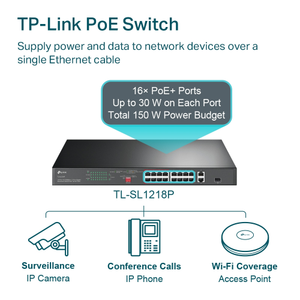 TP-LINK TL-SL1218P, 16 Port, Megabit, PoE 150W, 2 Port Gigabit Lan, 1 Port Gigabit Combo SFP, Y�netilemez, Rackmount, Switch