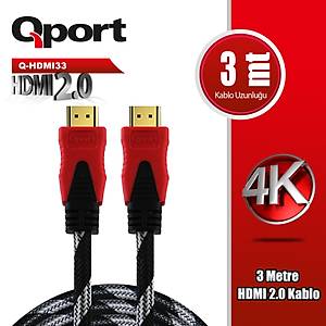 Qport Q-HDMI33  3m 2.0V 4K Alt�n U�lu �rg�l� Kablo