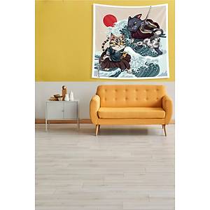 Bej Samuray Kediler Leke Tutmaz Kadife Kuma� Duvar �rt�s� Duvar Hal�s� Tapestry