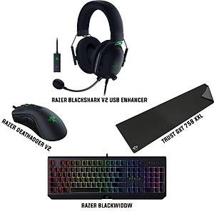 Razer Blackwidow + Razer Blackshark V2 Usb Enchancer + Razer Deathadder V2 + Trust GXT 758 XXL Bundle