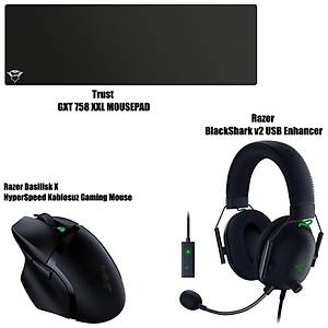 Razer Basilisk X HyperSpeed Kablosuz Gaming Mouse + Razer BlackShark v2 USB Enhancer + Trust GXT 758  XXL Mousepad