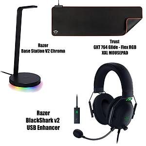 Razer BlackShark v2 USB Enhancer + Trust  GXT 764 Glide - Flex RGB XXL Mousepad + Razer Base Station V2 Chroma